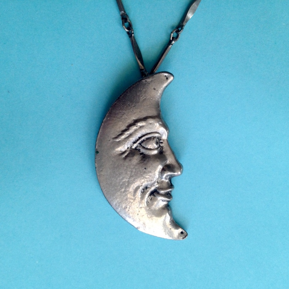 Vintage Silver Crescent Moon Face Pendant
